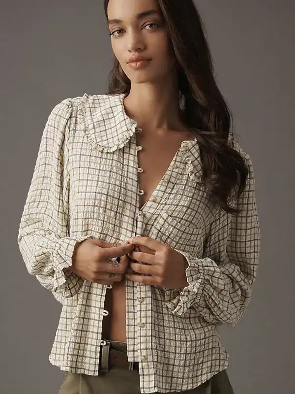 Pilcro Keira Plaid Blouse in Olive and Cream